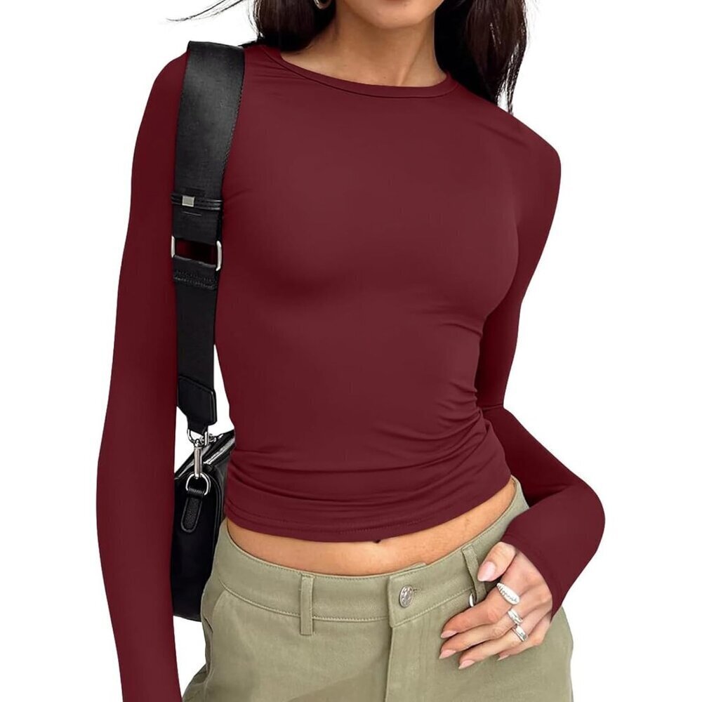 Womens Long Sleeve Crop Top Polyester Spandex Y2K Casual Fall Fashion